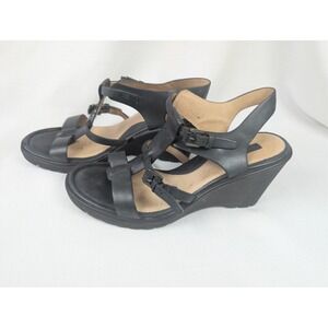 ECCO Women's Black Leather‎ Wedge Sandals T-Strap Ankle Buckle Comfort Shoes 38